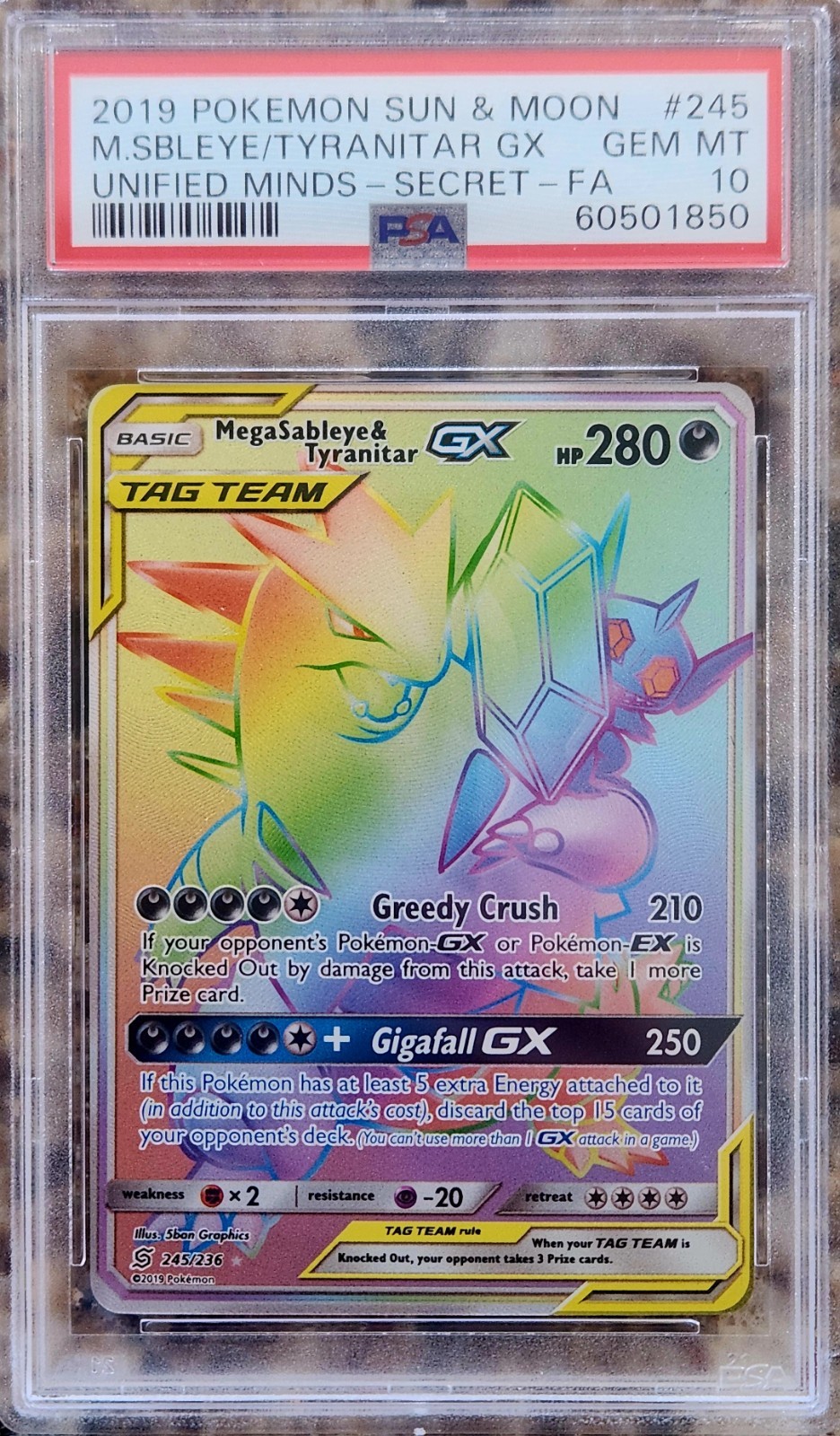 2019 POKEMON UNIFIED MINDS #245/236 MEGA SABLEYE & TYRANITAR GX TAG TEAM PSA 10