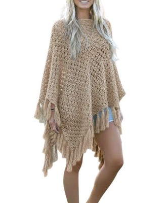 90s Y2k Womens Brown Crochet Knit Fringe Boho Festival Lagenlook Puncho Top Sz L