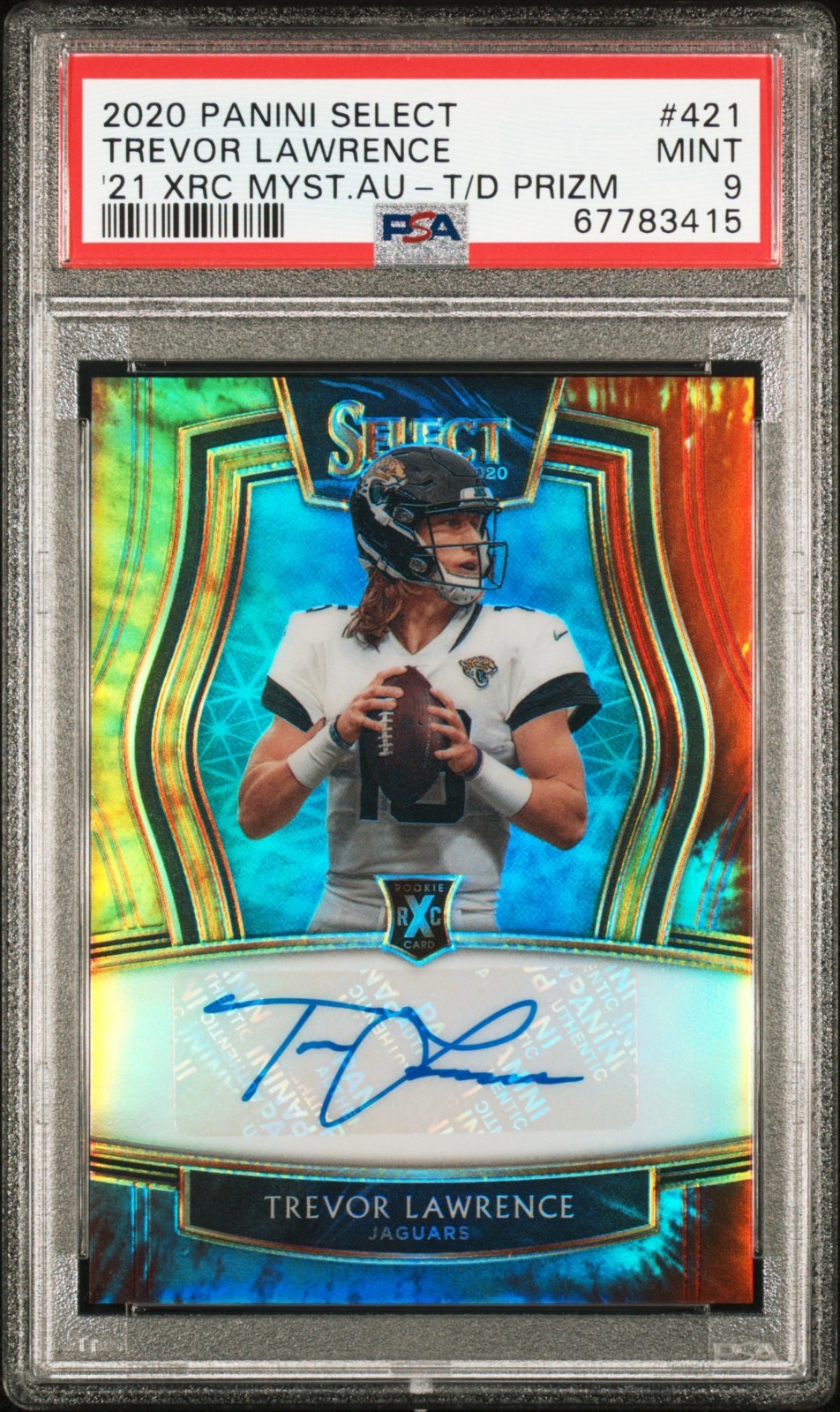 2020 Select Trevor Lawrence 2021 XRC Mystery Auto Tie-Dye Prizm Rookie /25 PSA 9 view 1