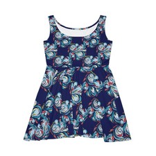 Swirling Floral Pattern Women's Skater Dress | Navy Blue AOP