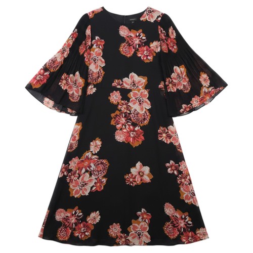 Ann Taylor Dress Womens 6 Black Coral Floral Pleated Chiffon Bell Sleeve Midi