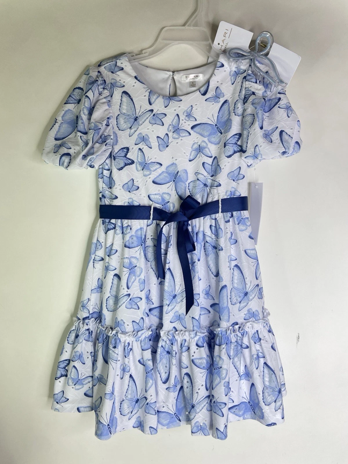 Tahari Girl Eyelet Butterfly Fit and Flare Tiered Dress & Hair Claw Girls Size 5