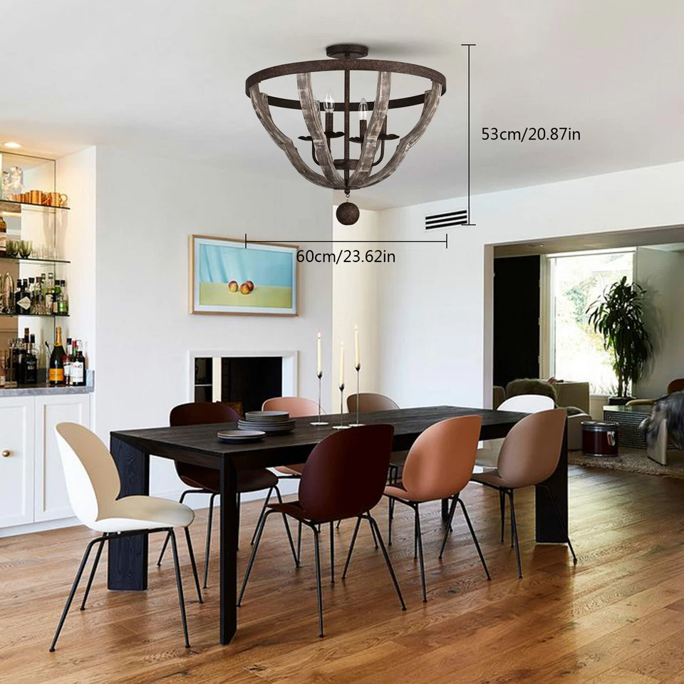 Farmhouse Rustic Chandelier 4 Light Ceiling Lamp Pendant Fixture Wood Texture Foto 3 de 4