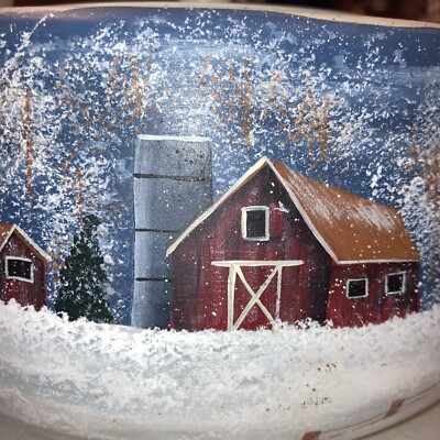 Vtg  Enamel Tea Kettle Country Farm House Red Barn Hand Painted Original
