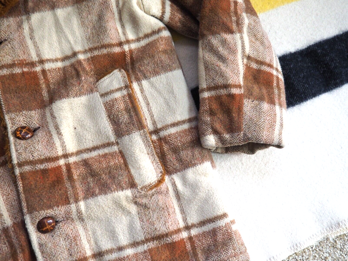 VTG 50s 60s Sovereign Brown Plaid Western Shearling Wool