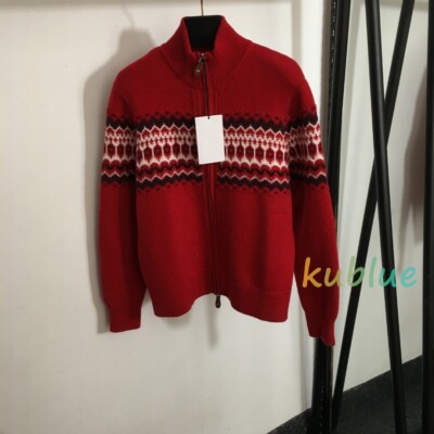 100%Wool Jacquard Stand-up Collar Long Sleeved Knitted Cardigan Zipper Jacket