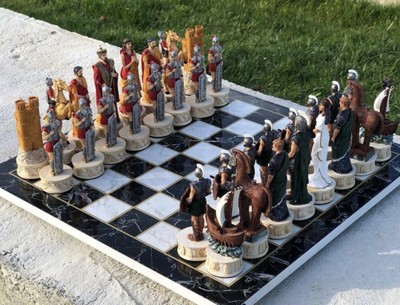 Chess Set X Large Trojans Hand-Painted Chessmen Wooden Chess Board Gift For Dad 