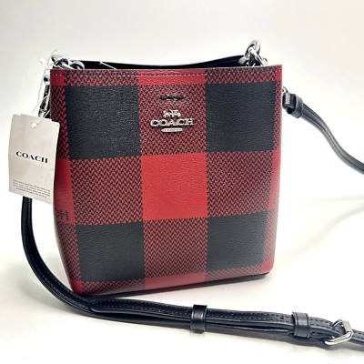 NWT COACH Mini Town Bucket Bag Buffalo Plaid Black And Red C7267