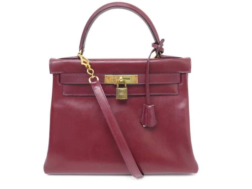 VINTAGE SAC A MAIN HERMES KELLY 28 RETOURNE EN CUIR BOX BORDEAUX
