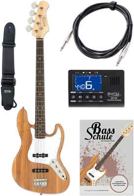 E-Bass Jazz Set Pro JB-30PR Esche Natur 2x Single-Coil Gurt Kabel Schule Tuner