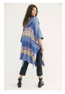 NEW One Size Free People Mercer Hooded Sweater Kimono Cover-up Blue Yellow Plaid