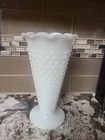 Vintage Large Hobnail Vase Scalloped Edges White Milk Glass 9-1/4" T