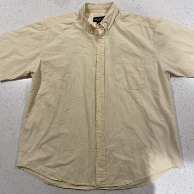EDDIE BAUER Men's Shirt XL Short Sleeve Orange Button Down Cotton Check Plaid