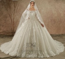 Top Lace Wedding Dress Bridal Gown Beaded Plus Size White Royal Train 3D Flowers