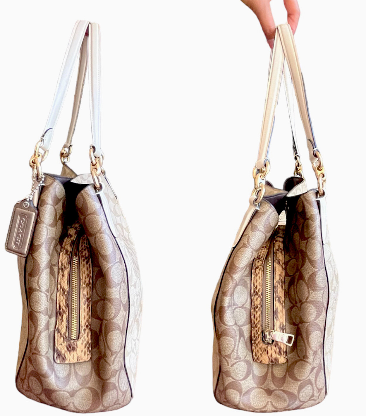 Coach Hallie Shoulder Bag Purse Signature Logo Coated Canvas Chalk