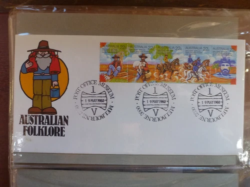 AUSTRALIA 1980 POST OFFICE MUSEUM MELB POSTMARK ON FOLKLORE STRIP 5 COVER