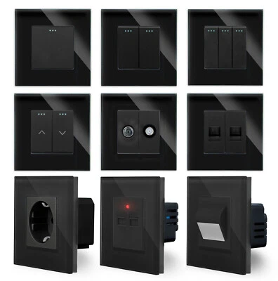 LUXUS TIME Wippschalter Lichtschalter Steckdose Dimmer Taster VSG Glas Schwarz Luxus-Time