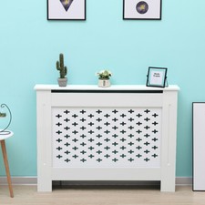 Kensington Radiator Cover Medium White (112 x 19 x 82cm) Cross Pattern Wood