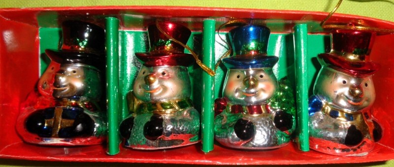 4 Vintage Metallic Glaze Christmas Snowman Ornaments - Four Designs NIB