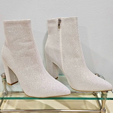 Women's White Glitter Pointy Toe High Heel Ankle Booties Shoes Bling Size 41
