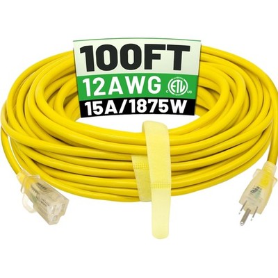 100 ft 12/3 Outdoor Extension Cord Waterproof Heavy Duty with Lighted Indicat...