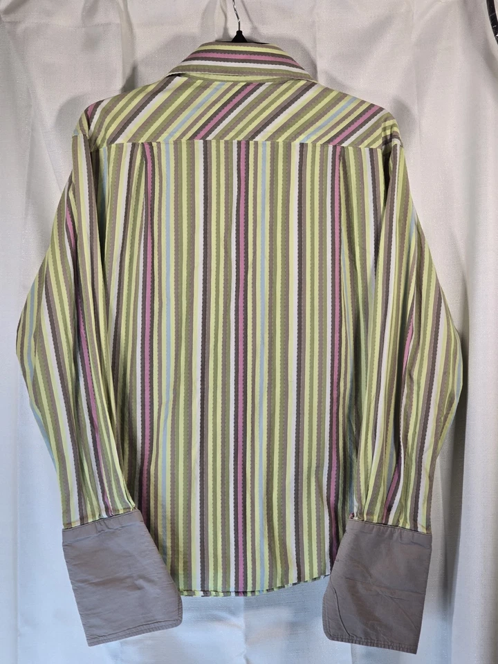 Brandini Yellow Striped Dress Shirt With French Cuffs Mens Size Small - Image 2 of 4