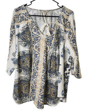 Lucky Brand Womens 1X Peasant Blouse Top Boho 3/4 Sleeve Shirt Cotton Blend