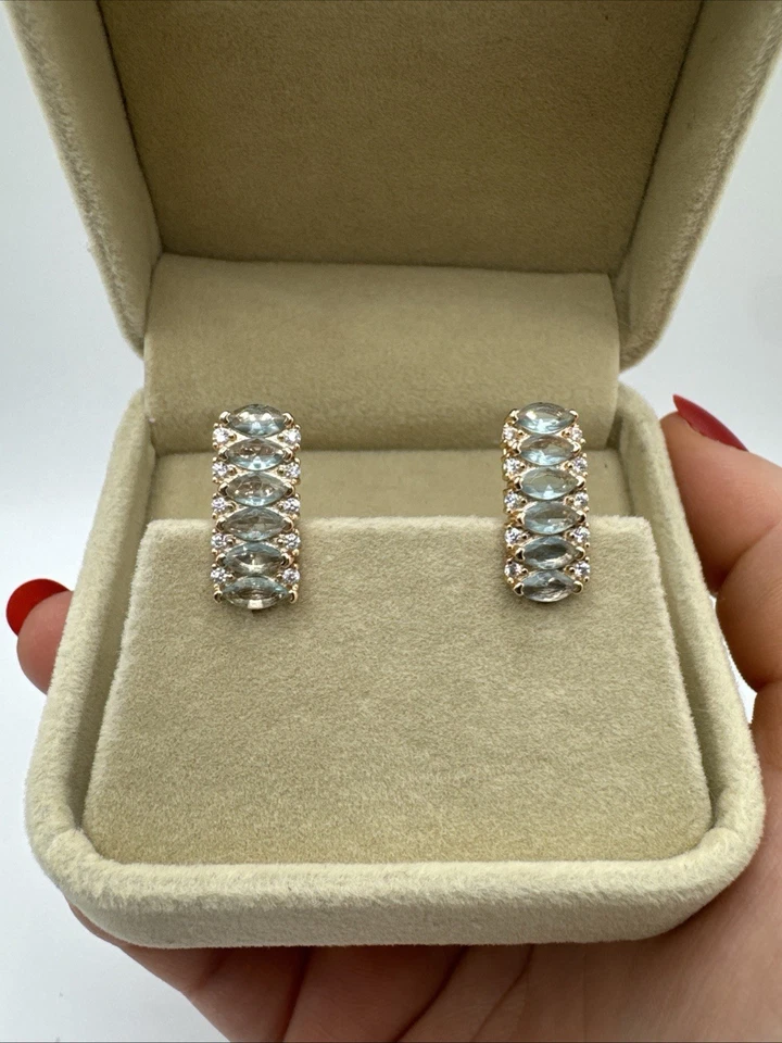 Pendientes unidos de oro enrollado de 14 quilates - Sello 585RG aguamarinas corte marquesa Foto 2 de 4