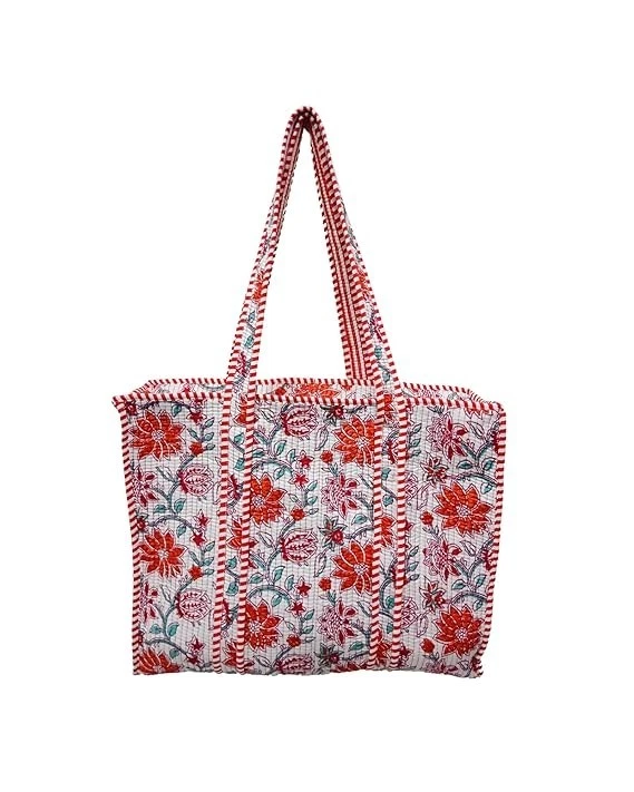 Borsone Da Viaggio In Cotone Trapuntato Con Motivo Floreale, Tracolla Regolabile, Misura Media, Unisex