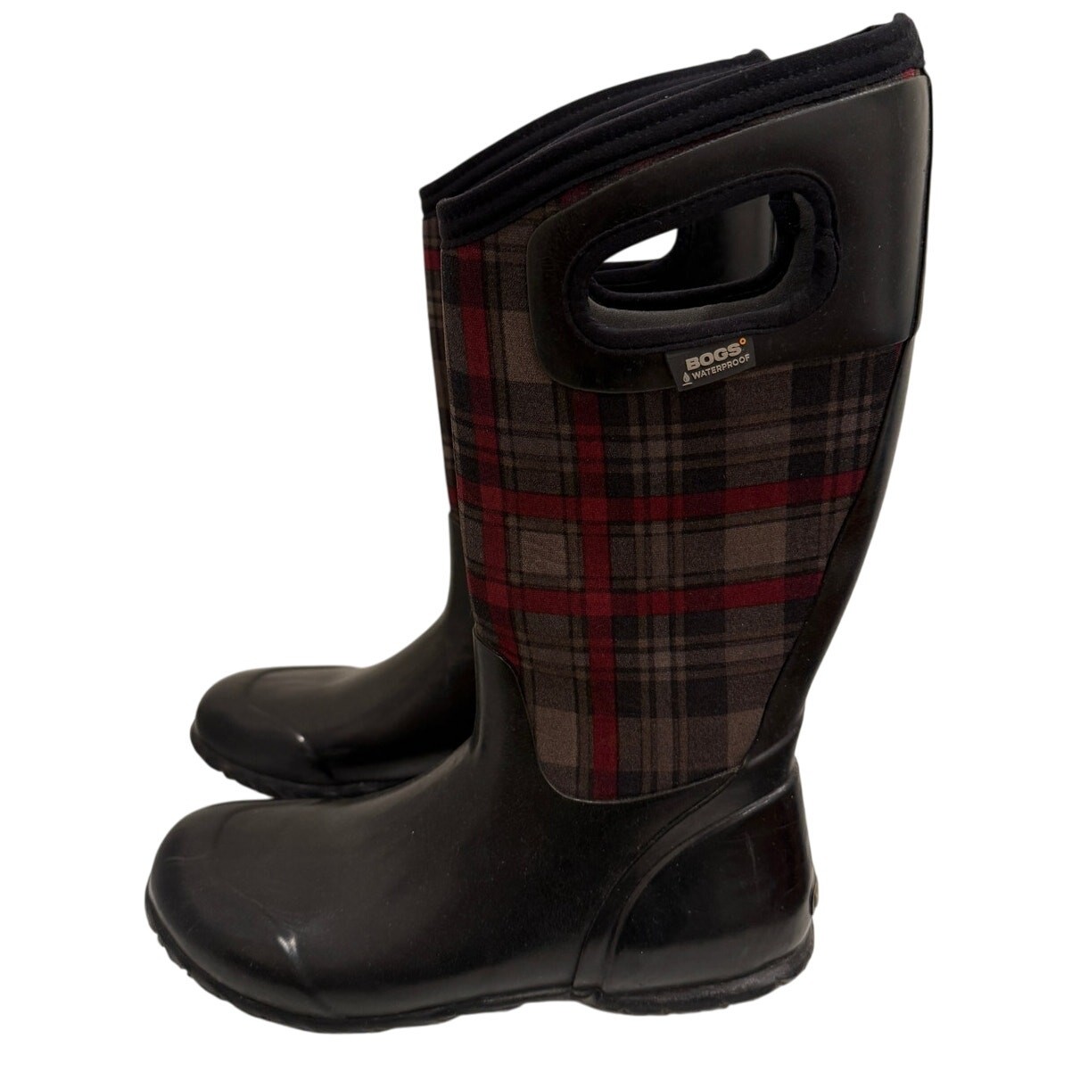 Bogs Rain Boots Women’s Size 9 Black Neo Tech Hampton Plaid Tall Pull On Rubber