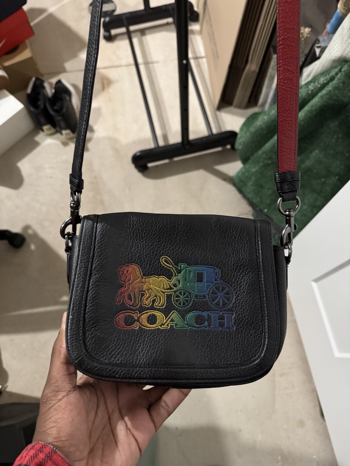 Coach Black Horse & Carriage Saddle Flap Crossbody Bag in Rainbow Colors