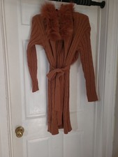 SHEIN Rust Orange Faux Fur Collar Cable Knit Cardigan Robe