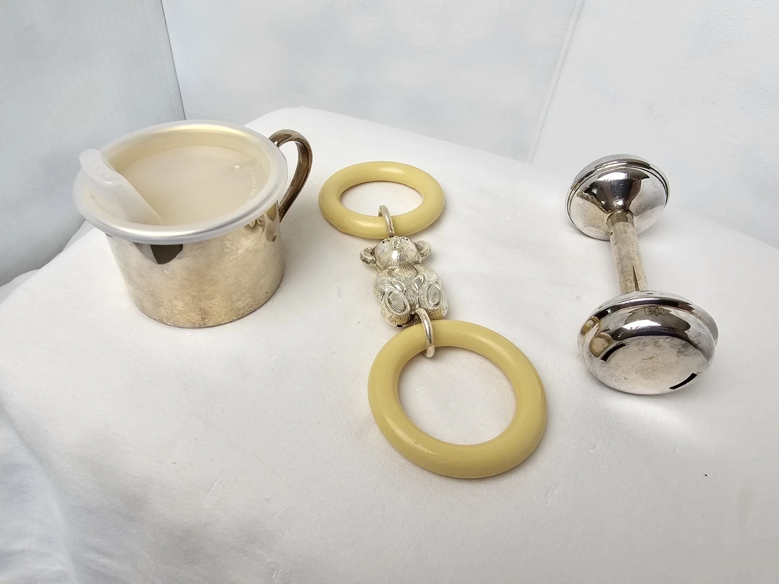 Silver Teddy Bear Teething Ring, Sippy Cup, & Rattle. Free Shipping.
Opens in a new window or tab