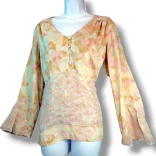 H by Halston Floral Blouse Double Layer Top Sz 12 Peach Gingko Floral Flutter SL