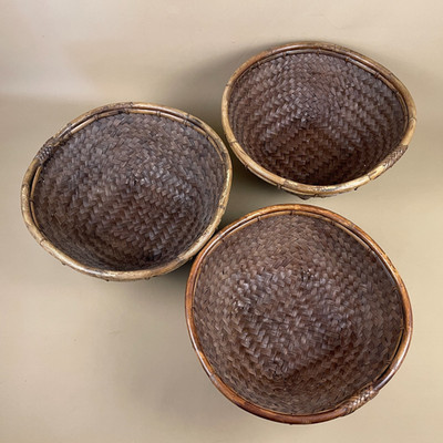 3er Set Vintage Bambus Gewebt Aufsteller Schale Kreis Rund Deko Indonesisch