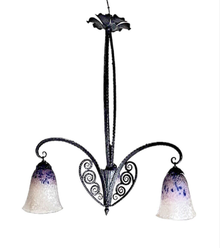 SCHNEIDER France Art Deco chandelier, mottled blue gray shades vintage antique - Picture 5 of 10