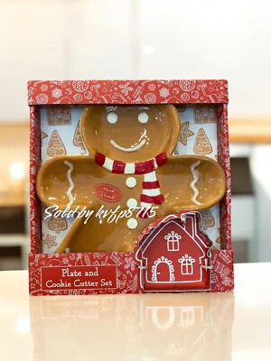 Gingerbread Cookie Plate 9x9  & Cutter Christmas Kitchen Decor Peppermint Scarf