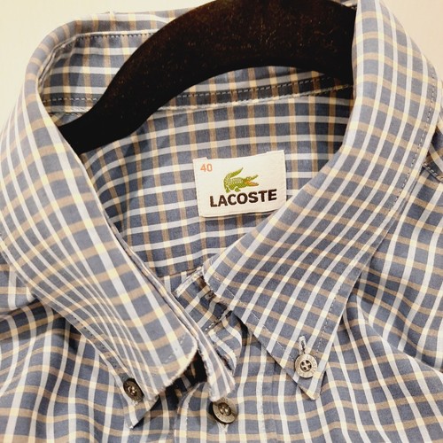 Lacoste Long Sleeve Button Down Shirt Mens Blue Light Brown Check Size 40 Logo - Picture 7 of 8