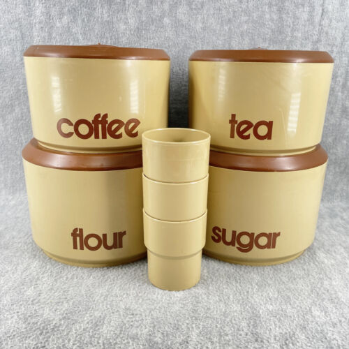 Vintage Sterilite Canister Set Brown Flour Sugar Coffee Tea 3 Scoops Cups - Picture 1 of 7