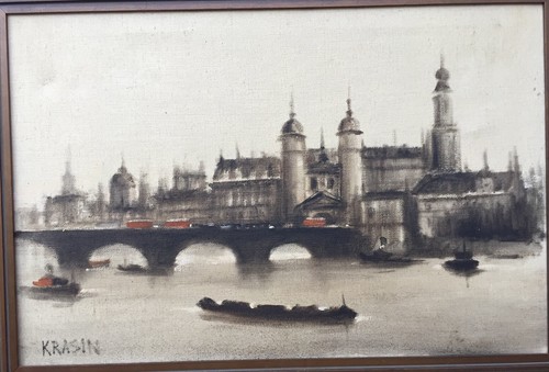 Antico dipinto ad olio firmato artista KRASIN Waterloo Bridge Londra, epoca Monet ECC! - Foto 2 di 10