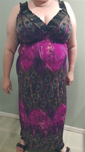 NWT V-Neck Sleeveless Purple & Peacock Print Stretch Maxi Dress Sundress M 09 - Picture 4 of 4