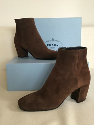 PRADA Luxus Block Heel Stiefeletten Veloursleder Braun Gr. 38  720 NEU m. Etik! 