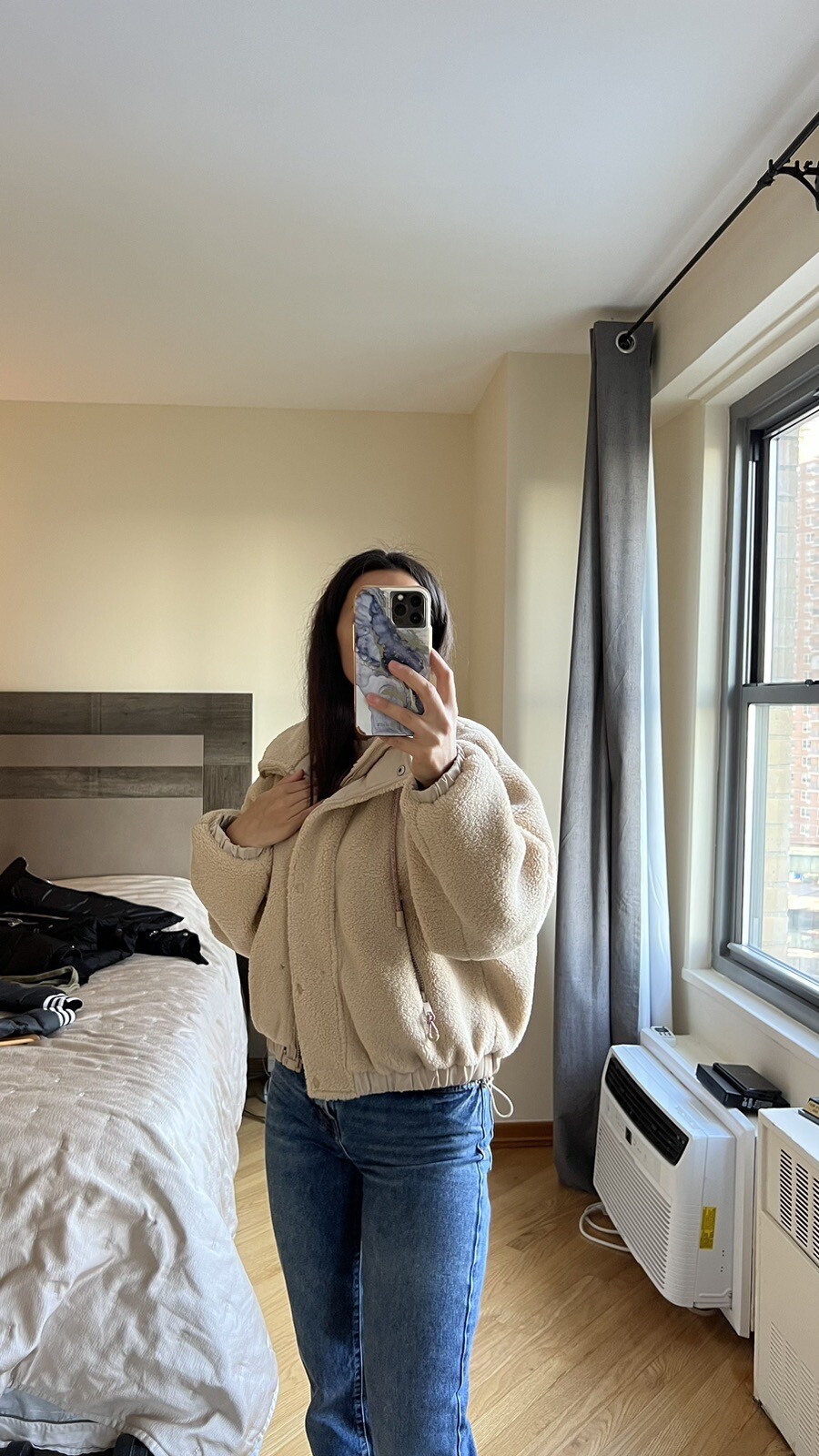 Zara Plush Faux Fur Bomber Coat Small Cream Gem