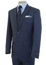 Men's Cool Blue Glen Plaid 3pc 2 Button Slim-Fit Suit w/ Matching Vest NEW