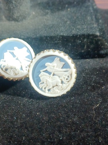 Vintage Cameo Trojan War Cufflinks & Tieclip Blue And White Horses - Picture 2 of 12