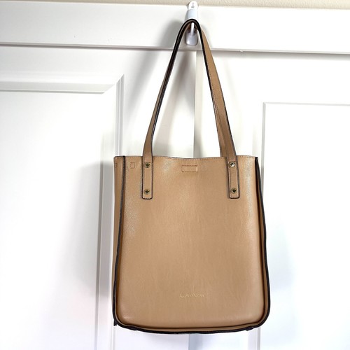 Calvin Klein Large Tote Bag Beige Pebbled Leather Double Straps With Pouch NWOT