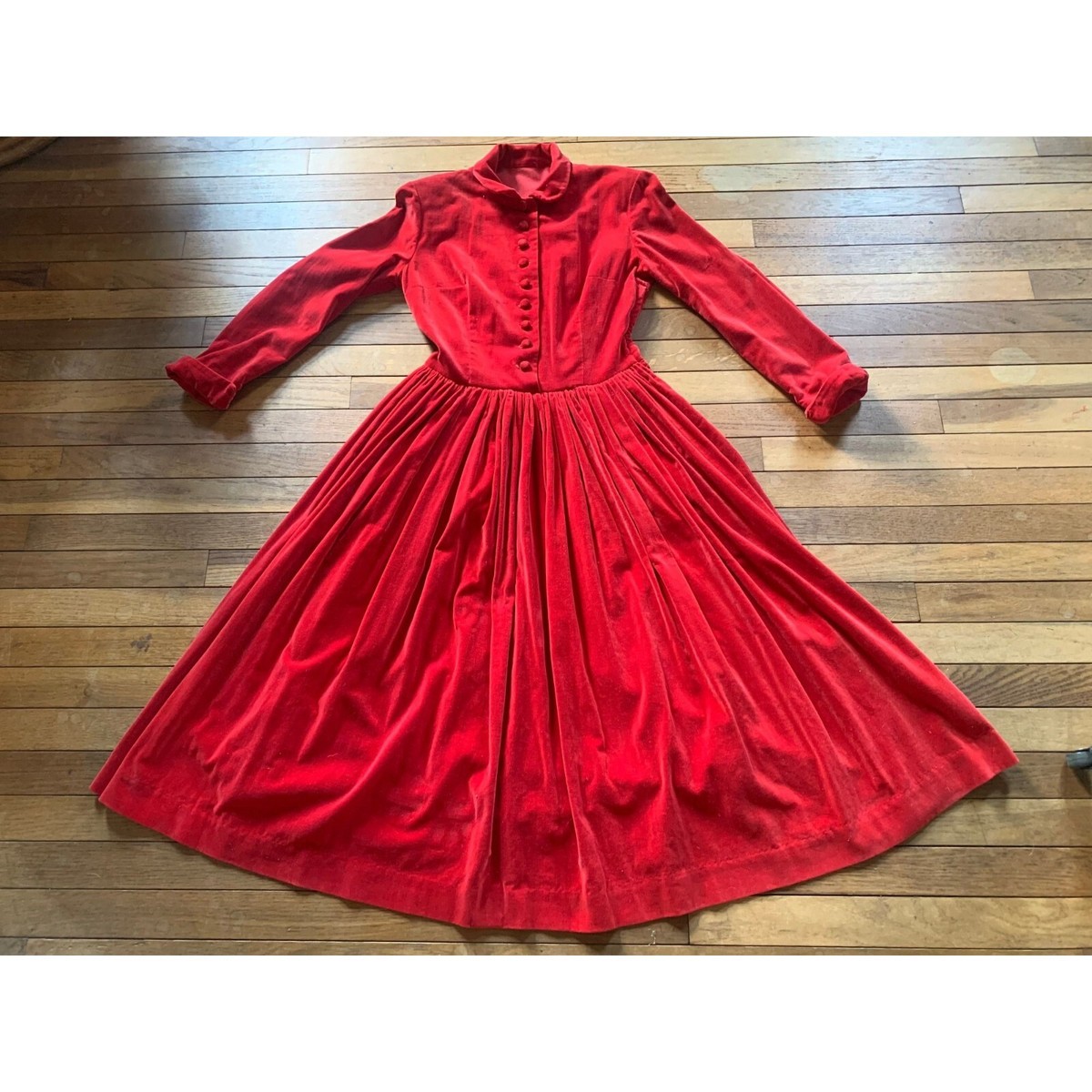 Vintage 1950s Red Cotton Velvet Full Skirt Button Bodice Long Sleeve Dress  | eBay