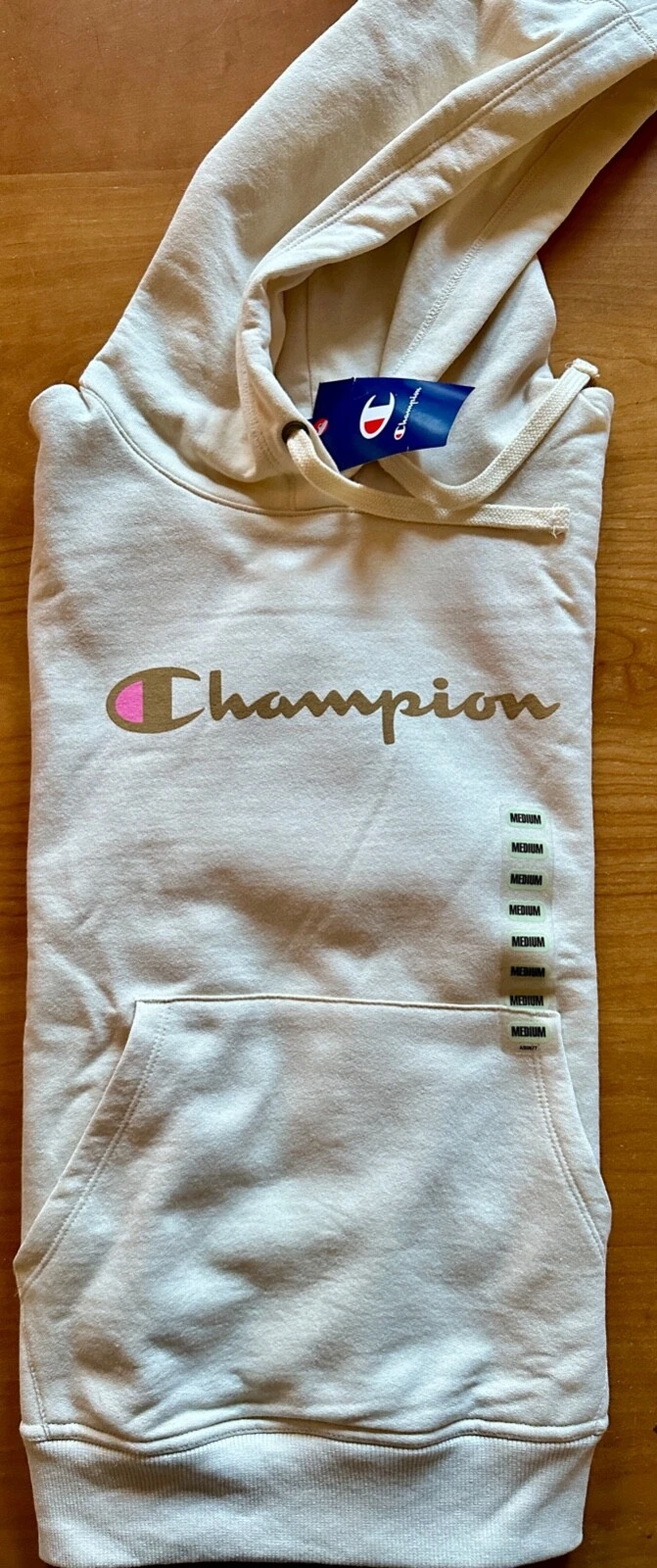 OFF WHITE Felpa con cappuccio Champion donna taglia M avorio foderata in pile tasca frontale nuova con etichette $55