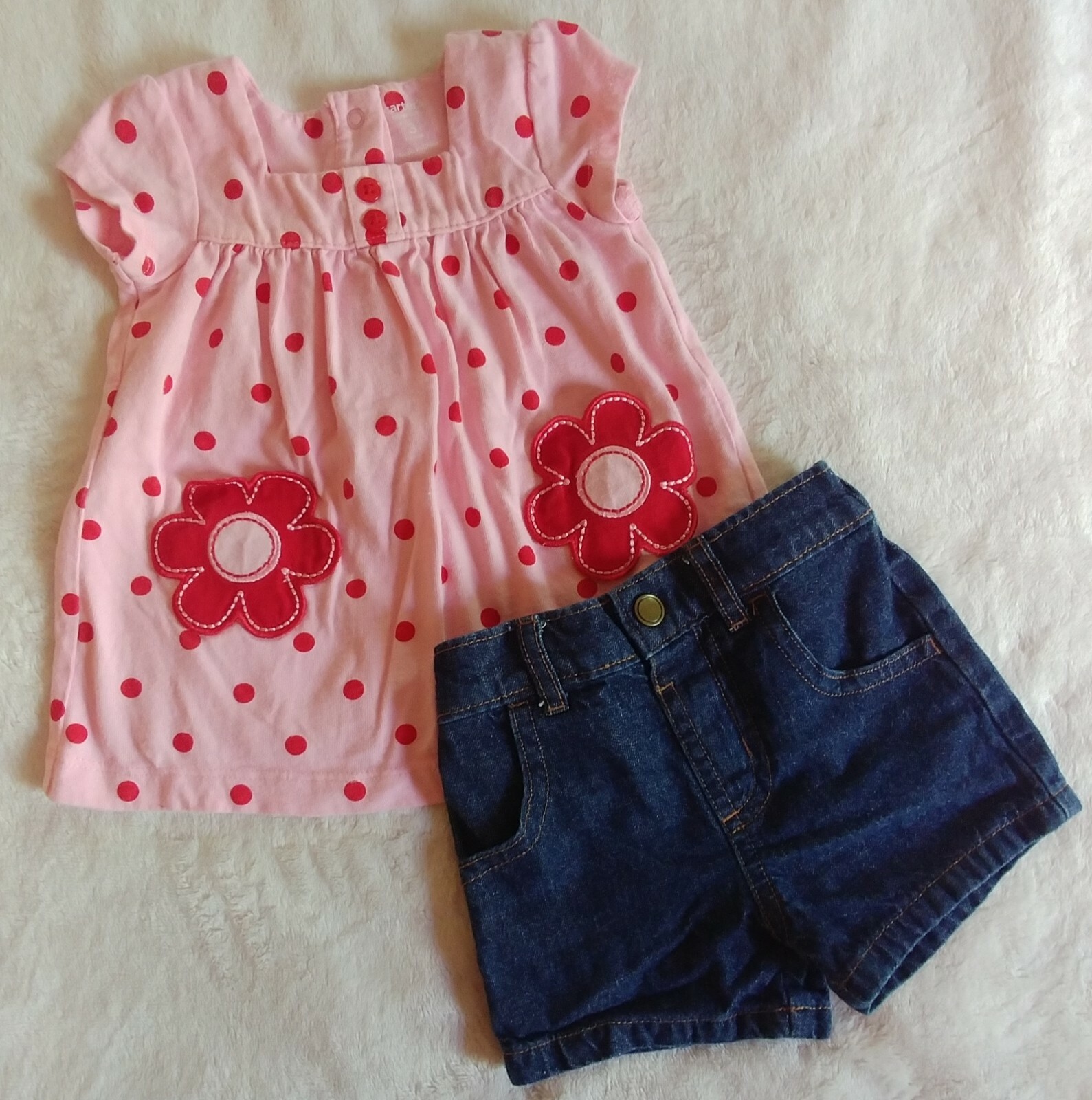 Carters baby girl Pink polka dot shirt and Garanimals jean shorts 36