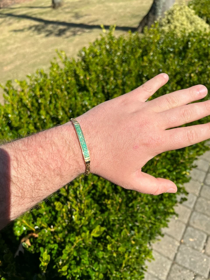 Men Presidential ID Bracelet 14k Gold Plated Silver Iced Green Gemstone Hip Hop Foto 4 de 4